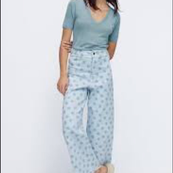 Zara | Jeans | Zara The Marine Straight Jean Size 4 Blue Daisy Floral |  Poshmark